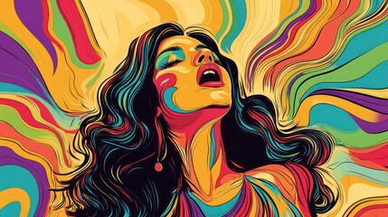 Poster - A vibrant abstract portrait of a woman with colorful lines and swirls, creating a psychedelic and surreal effect.