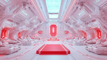 Poster - neon podium laser light technology background science fiction interior sci fi spaceship 3d illustration , free space, realistic photography