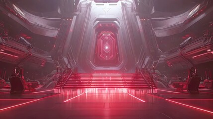 Poster - neon podium laser light technology background science fiction interior sci fi spaceship 3d illustration , free space, realistic photography