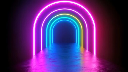 Poster - neon podium laser light technology background science fiction interior sci fi spaceship 3d illustration , free space, realistic photography