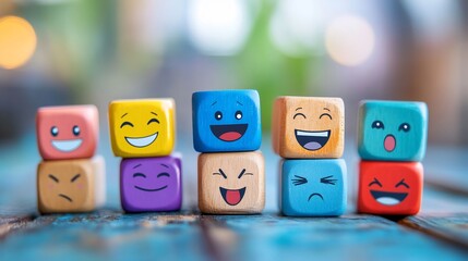 Poster - Creative arrangement of wooden cubes diverse emotion face icons on a soft blue background representing the essence of World Mental Health Day and the value of positive emotional feedback