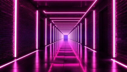 Poster - 3d render, glowing lines, tunnel, neon lights, virtual reality, abstract background, square portal, arch, pink blue spectrum vibrant colors, laser show. 3D render abstract background, Neon LED lights