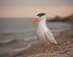  bird with orange beak standing on a beach near the ocean.