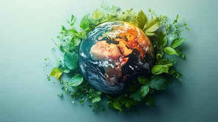Poster - Creative Earth Day design a colorful planet enveloped by delicate green leaves representing ecological balance and the importance of protecting our environment for future generations