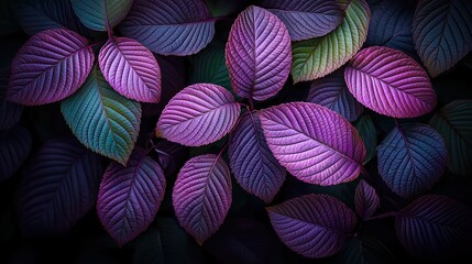 Wall Mural - Close up of purple leaves with a dark background. The leaves are purple and green, and they are arranged in a way that creates a sense of depth and texture. The image has a calming and serene mood