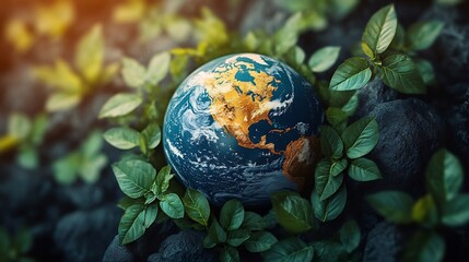 Poster - Creative Earth Day design a colorful planet enveloped by delicate green leaves representing ecological balance and the importance of protecting our environment for future generations