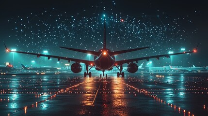 Wall Mural - a modern airplane flies in a starry night sky, surrounded by digital lines forming a network, symbol