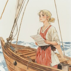 A woman in a red and white striped dress stands in a small wooden boat, holding a piece of paper and looking out at the sea.