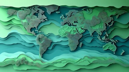 Poster - Creative Earth Day web banner a paper cut world map designed with layered green landmasses and blue oceans The intricate paper craft design emphasizes global environmental conservation