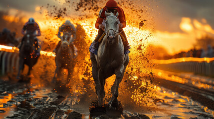 The jockeys are focused, and the motion blur emphasizes speed and intensity.