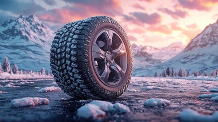 Close-up of a car tire on a snowy mountain road, icy conditions with snow-covered trees and towering mountains in the background Generative AI