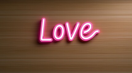 Poster - Wooden background with a pink lettering that says Love. The lettering is neon pink and stands out against the wood. Concept of warmth and affection, as the word Love is often associated with love