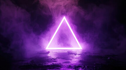 Wall Mural - Glowing purple neon triangle with foggy background on wet surface Generative AI