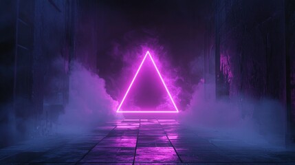 Wall Mural - Glowing purple neon triangle with foggy background on wet surface Generative AI