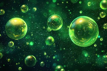 Wall Mural - abstract floating green and yellow glowing bubbles with light particles on dark background generativ