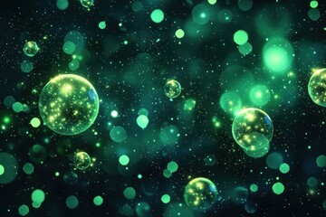 Wall Mural - abstract floating green and yellow glowing bubbles with light particles on dark background generativ