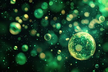 Wall Mural - abstract floating green and yellow glowing bubbles with light particles on dark background generativ