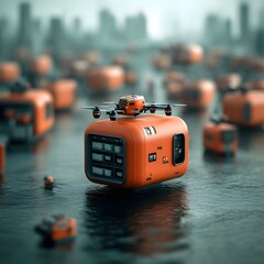 Aufkleber - Futuristic cargo freighters with modular hulls and autonomous drone fleets handling sophisticated material handling in a sprawling