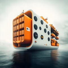 Poster - Enormous state of the art container vessels showcasing futuristic hull shapes and autonomous loading capabilities driving a globally integrated supply chain and economic progress