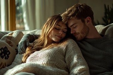 Couple cuddling on a couch, looking relaxed and happy indoors

