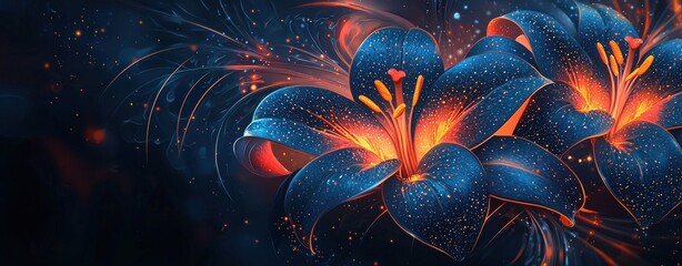 Wall Mural - abstract glowing blue and orange flowers with light particles on dark background generative ai