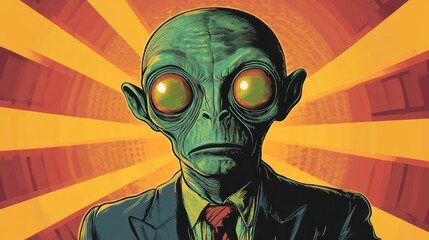 Wall Mural - a green-skinned alien with large eyes and a suit stares at the viewer with a serious expression agai