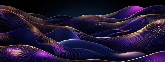 Wall Mural - abstract purple and yellow flowing lines with dotted pattern on dark background generative ai