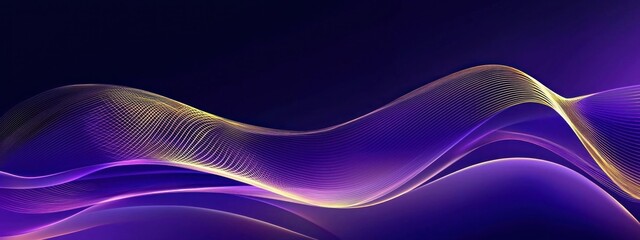 Wall Mural - Elegant purple and gold wave pattern with sparkling particles on dark background Generative AI