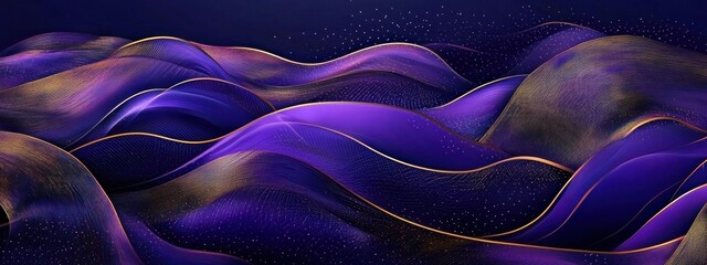 Wall Mural - Elegant purple and gold wave pattern with sparkling particles on dark background Generative AI