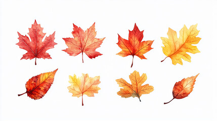 Wall Mural - beautiful a collection of watercolor autumn leaves, including maple, oak, and birch, in shades of re