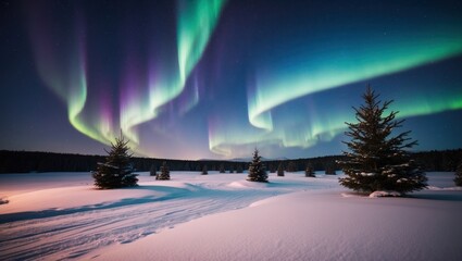 beautiful winter meadow covered with snow and the aurora above it