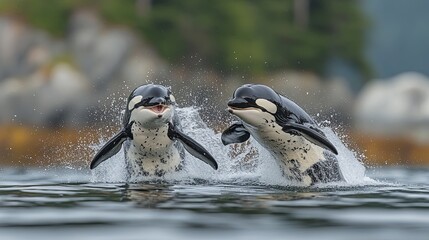 two killer whales breaching in clear waters