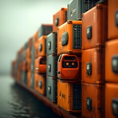 Poster - Autonomous technologically advanced cargo vessels with sleek streamlined metallic hulls and autonomous loading mechanisms power a connected