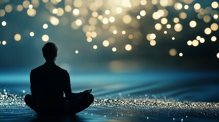 Canvas Print - A person meditating calmly on a reflective surface surrounded by shimmering lights at dusk by the water