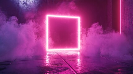 Poster - There is a futuristic concept for time travel: a glowing neon portal leading into another world or dimension.