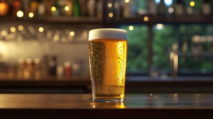 Poster - Refreshing Glass of Beer on a Wooden Bar Counter
