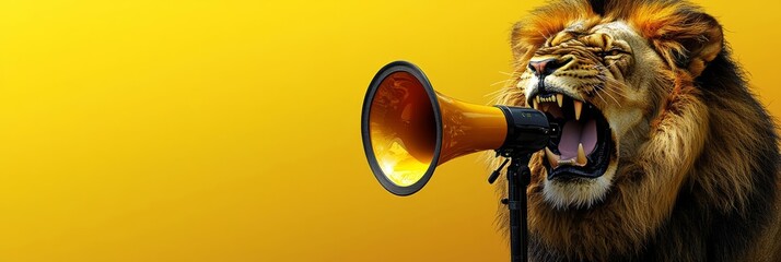 Lion roaring on a megaphone. Advertisement concept with wide copy space for text. , isolated on white background,  , free space text, copy space, copy space for text,