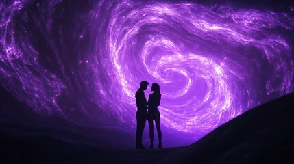 Wall Mural - a silhouette of a couple standing together in front of a large, swirling, purple nebula in the night