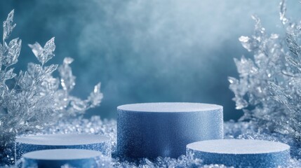 Aufkleber - A serene winter-themed setting showcases blue circular pedestals of varying heights, elegantly surrounded by shimmering ice-like decorations.