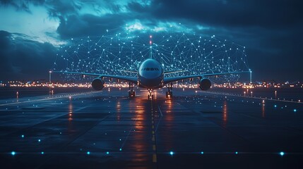 An airplane stands on the runway enveloped by a futuristic glowing network design in the night sky, symbolizing connectivity, innovation, and futuristic vision.