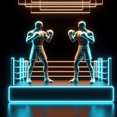 two boxing man on a match, black background. 3D rendering. Neon lights