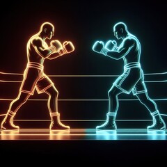 two boxing man on a match, black background. 3d rendering. neon lights