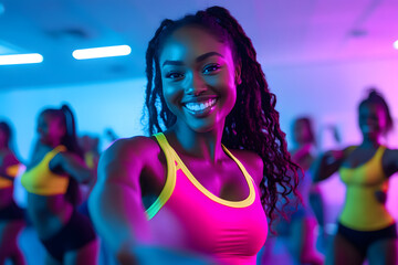 Vibrant Fitness Class with Diverse Participants in Neon Lighting