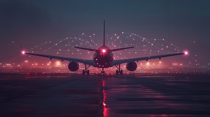 A jet aircraft is positioned on a runway with a glowing neon light grid, creating a striking and futuristic scene at dusk, blending technology and artistry.