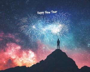 Lone Traveler Watching Fireworks on Mountaintop Under Starry New Year s Sky