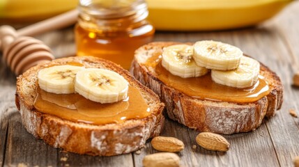 Poster - Toast with Banana and Honey on Rustic Wooden Table