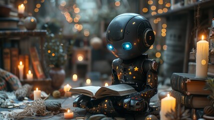 Poster - A robot sits in a dimly lit room surrounded by candles and books, reading a book.
