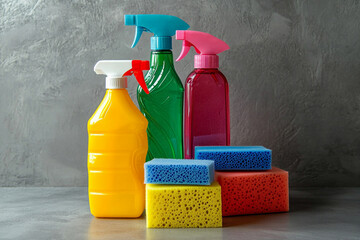 Bottles detergent cleaning tools on background, sponges household products spring cleanin