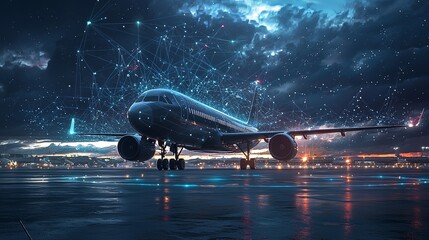 Wall Mural - a modern airplane on a runway at dusk, highlighted by digital network lines representing connectivit