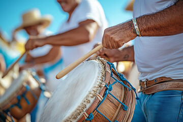 Músicos panameños sostienen un tambor tradicional, rodeados de personas celebrando en las Fiestas Patrias, en un entorno lleno de vida y sonidos vibrantes.